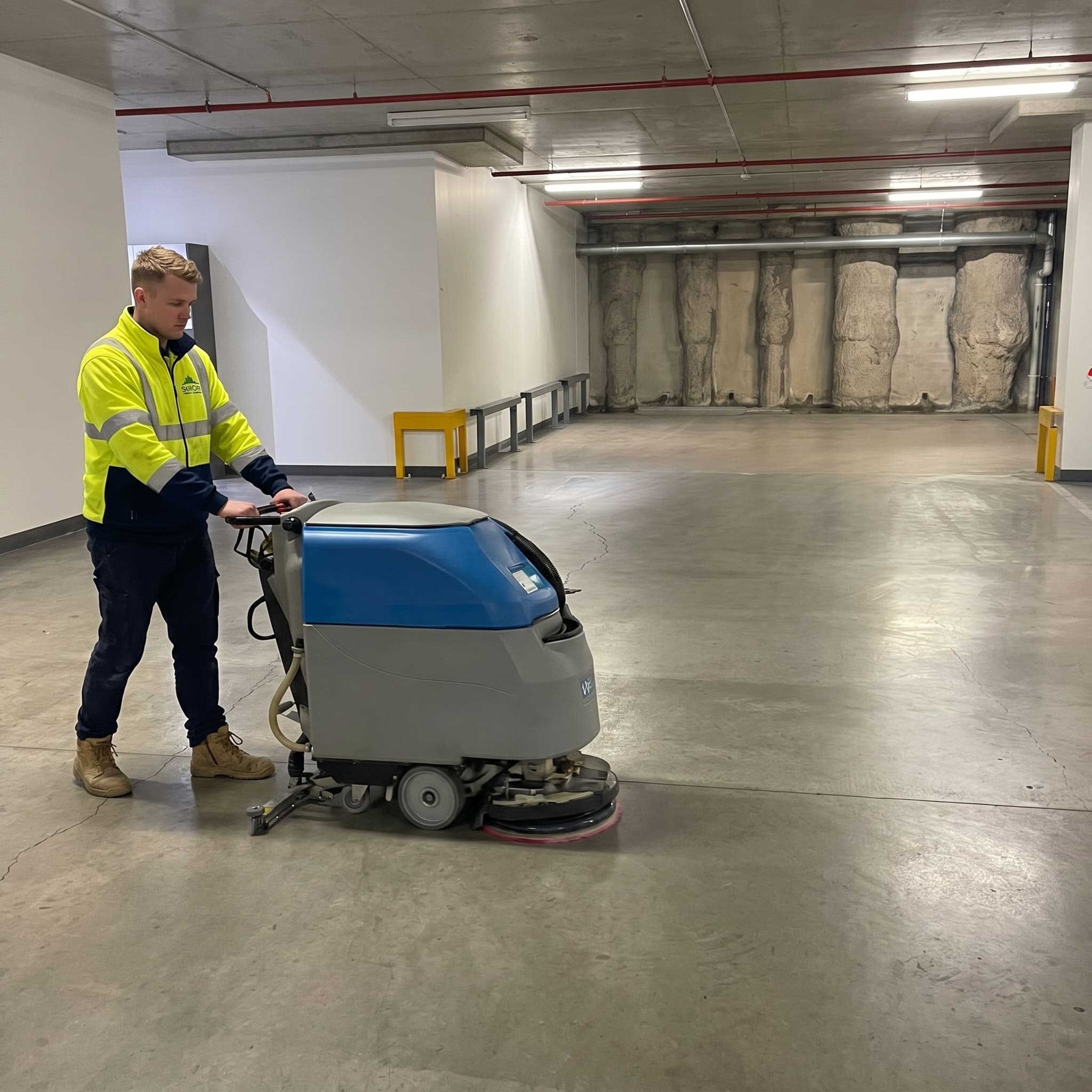 Commercial cleaning professional at work
